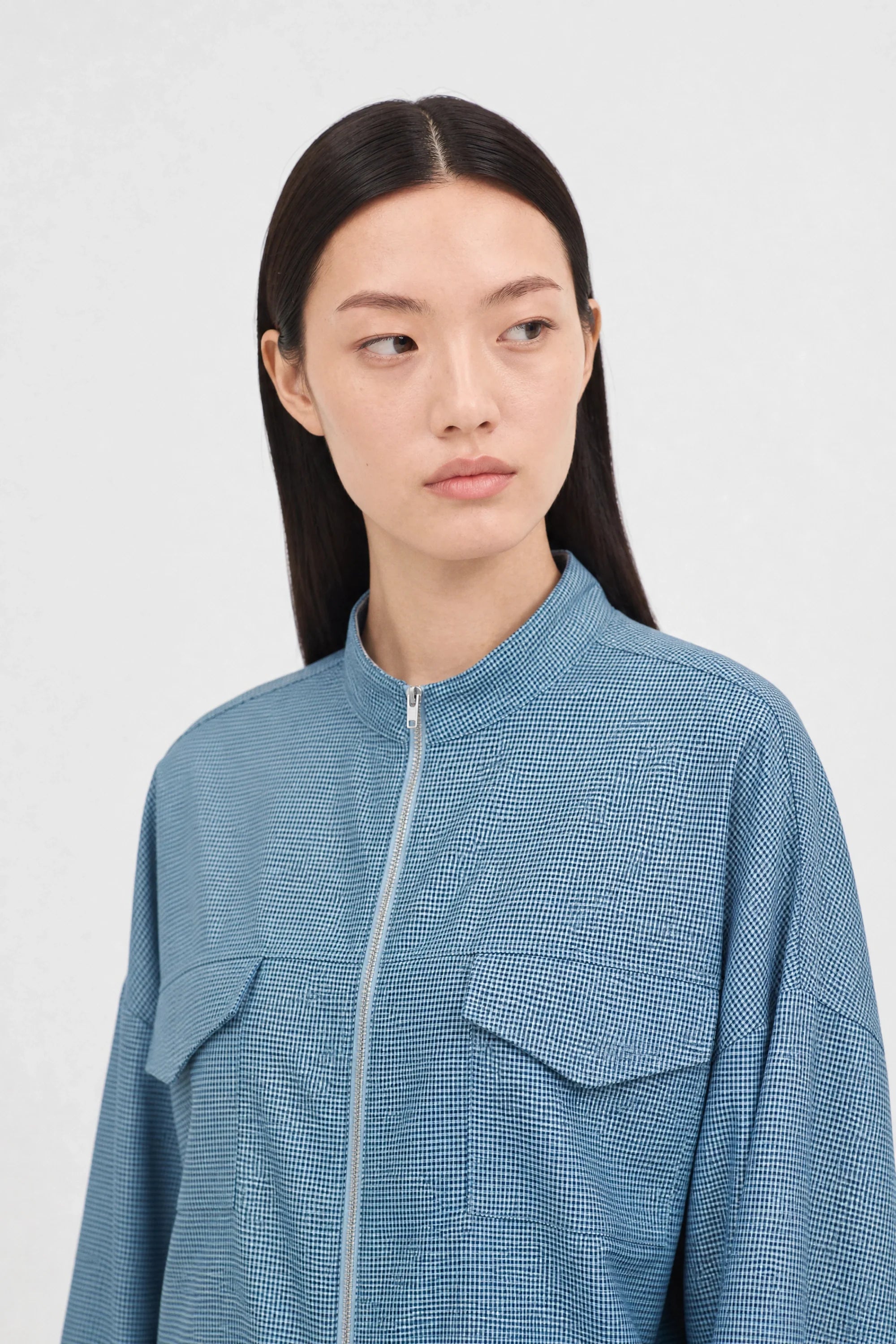 Bright blue and black tiny gingham zip jacket