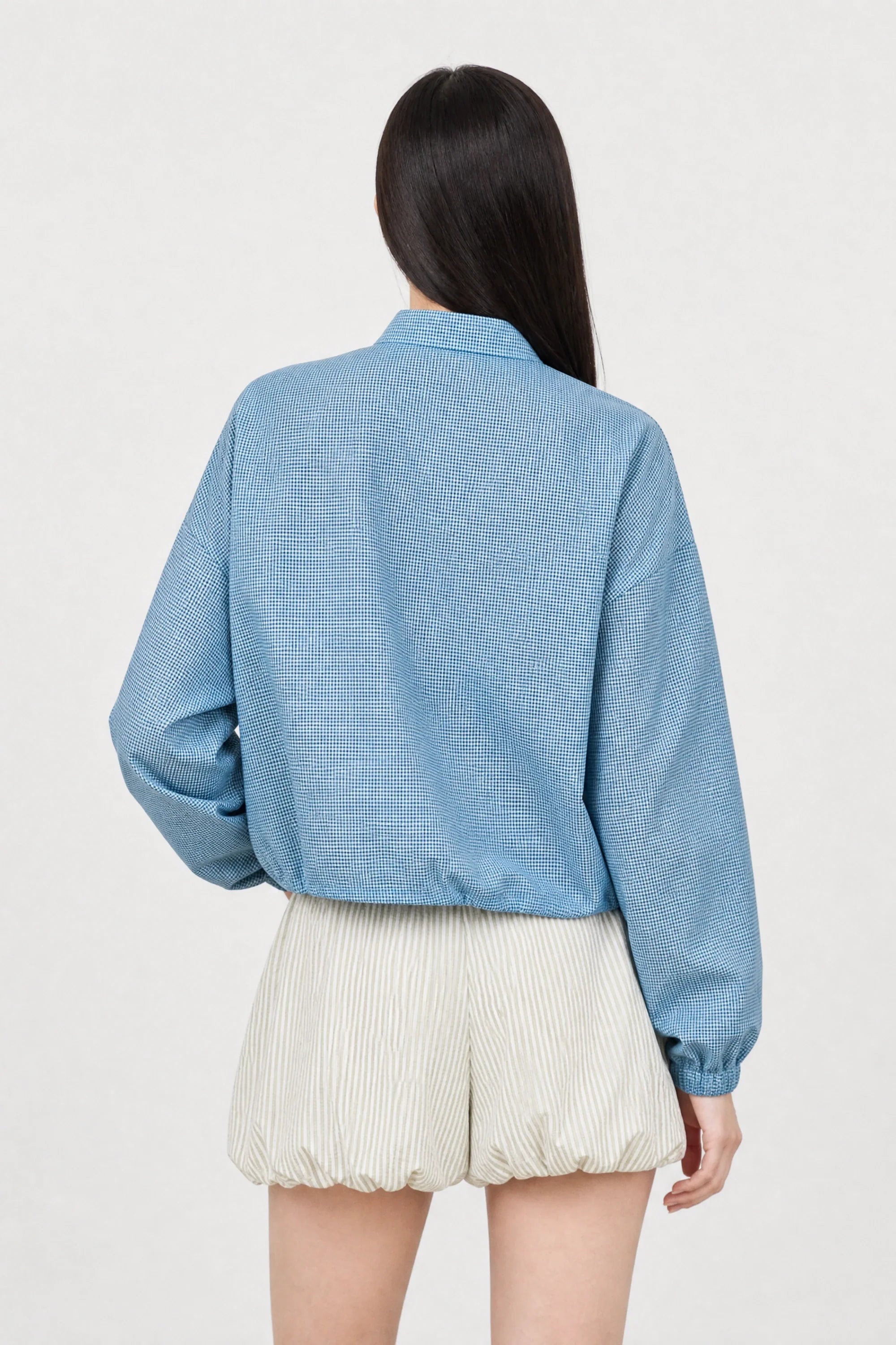 Bright blue and black tiny gingham zip jacket