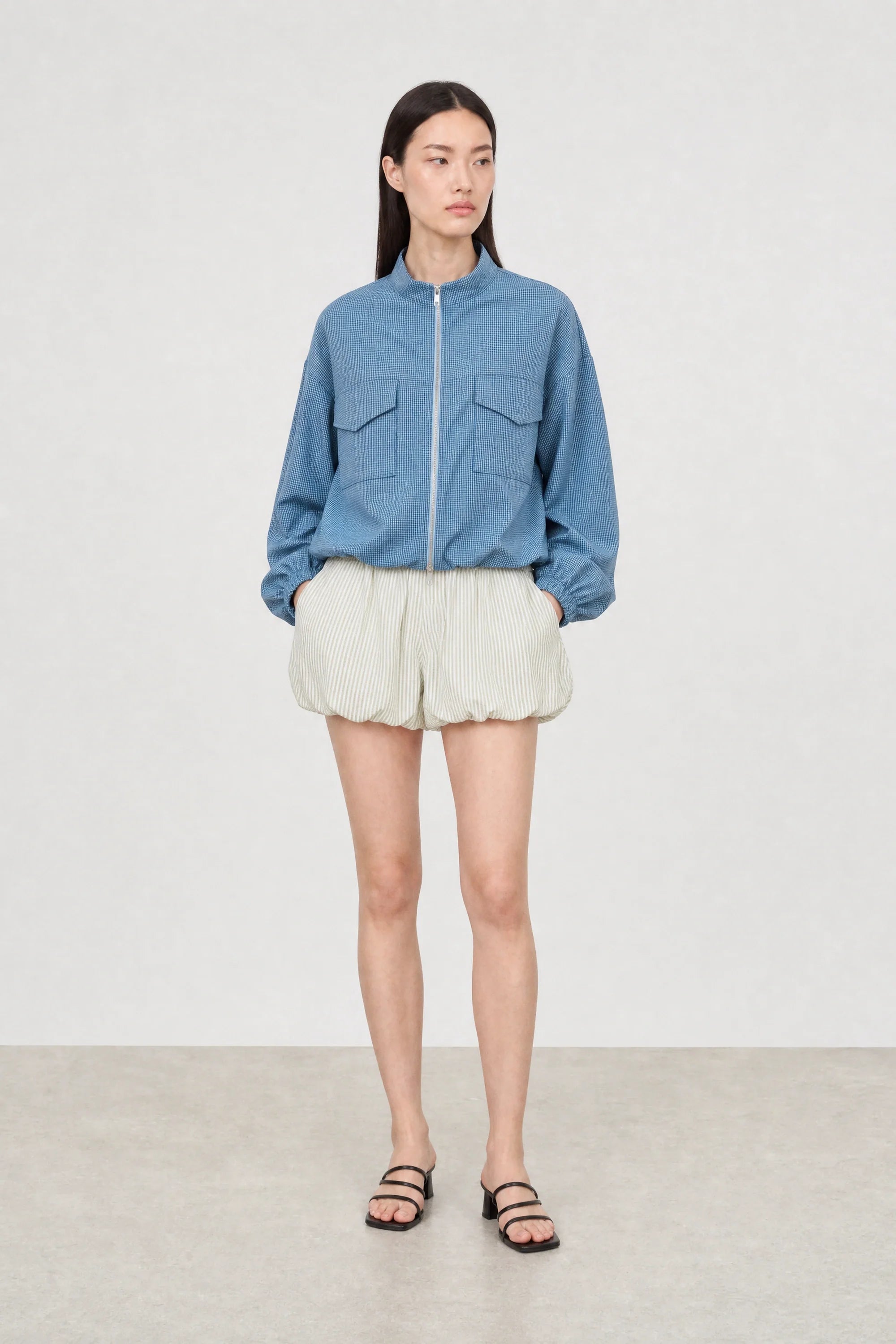 Bright blue and black tiny gingham zip jacket