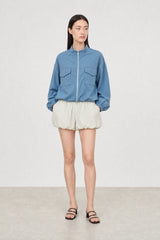 Bright blue and black tiny gingham zip jacket