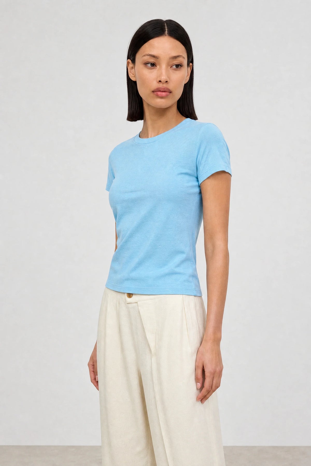 Bright blue semi sheer jersey vertical seam tee