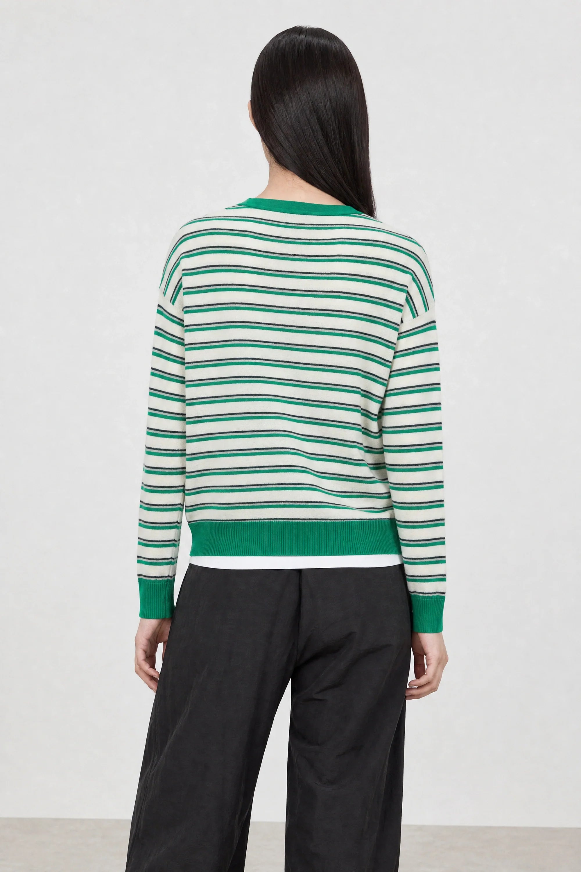 Bright green ivory and black linen blend contrast trim striped cardigan