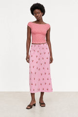 Bright pink cherry print ribbed skirt