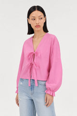 Bright pink pure cotton tie front blouse