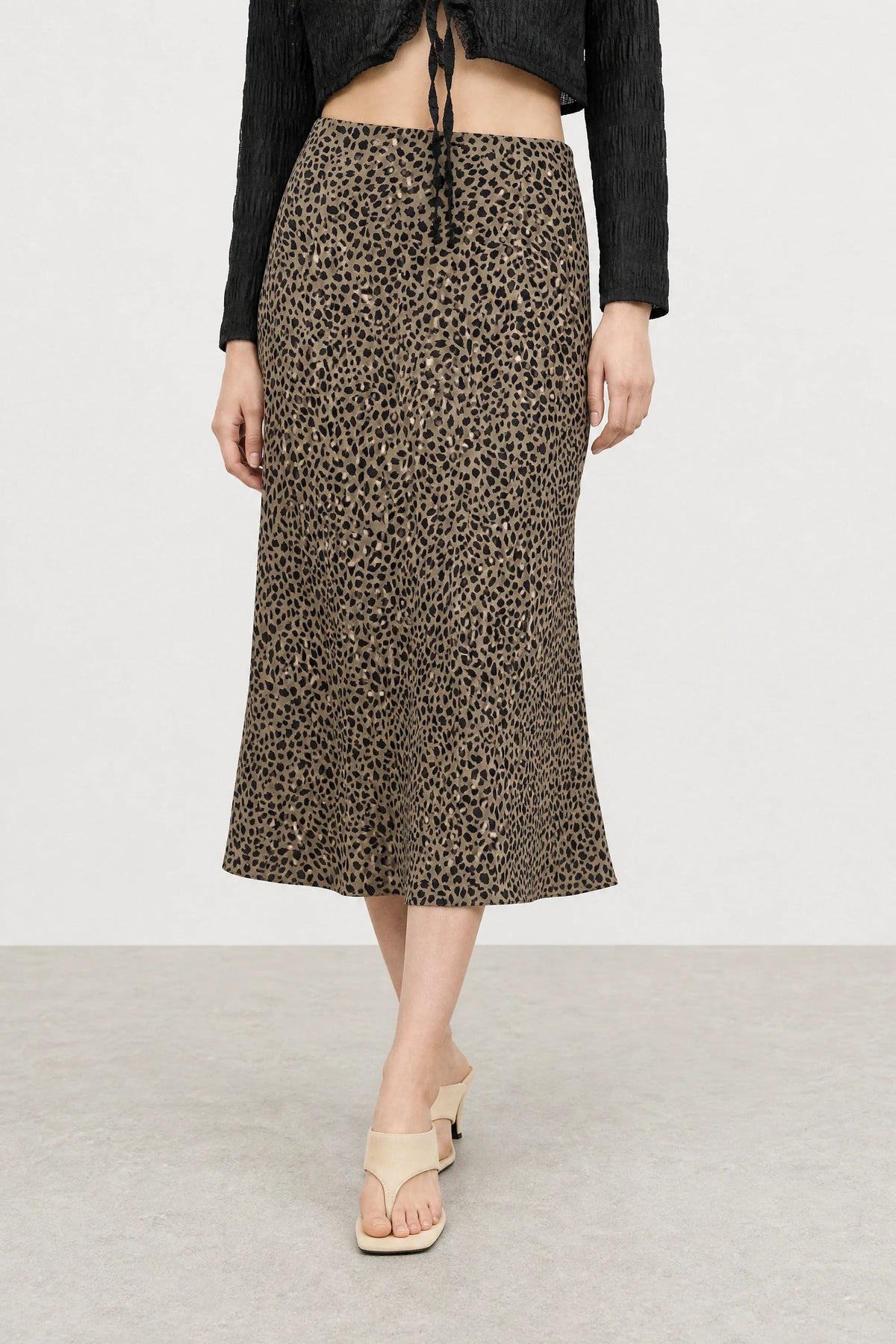 Brown leopard satin long skirt