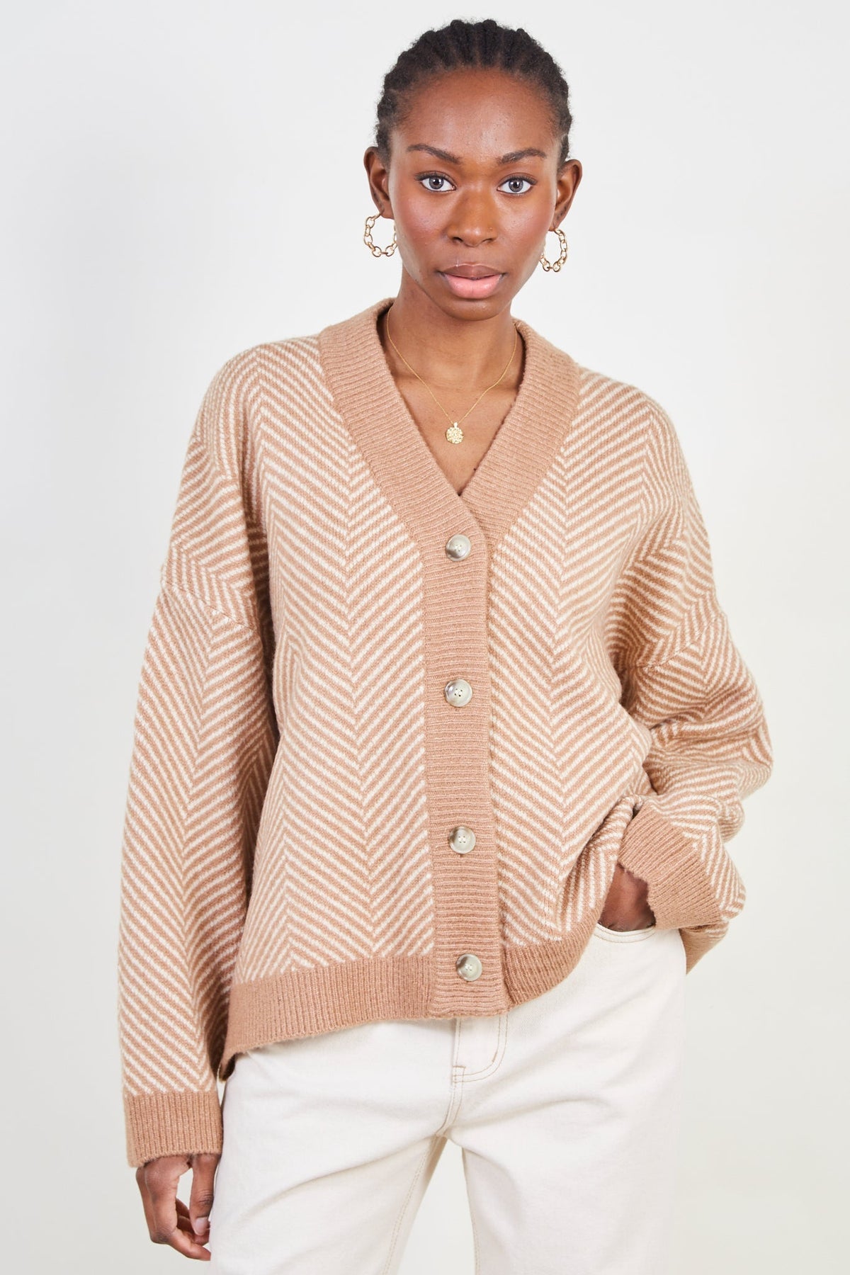 Brown and ivory herringbone cardigan