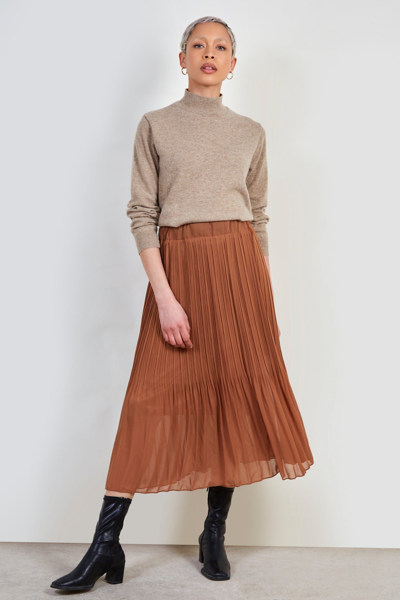 Camel silky micro pleat maxi skirt