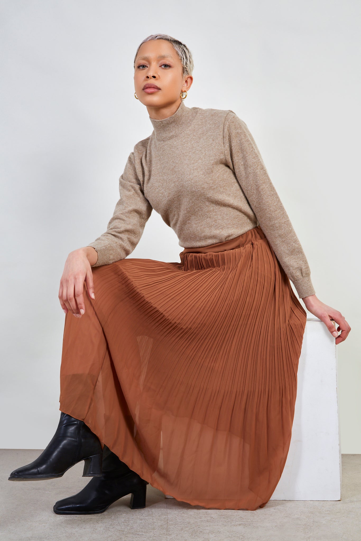 Camel silky micro pleat maxi skirt