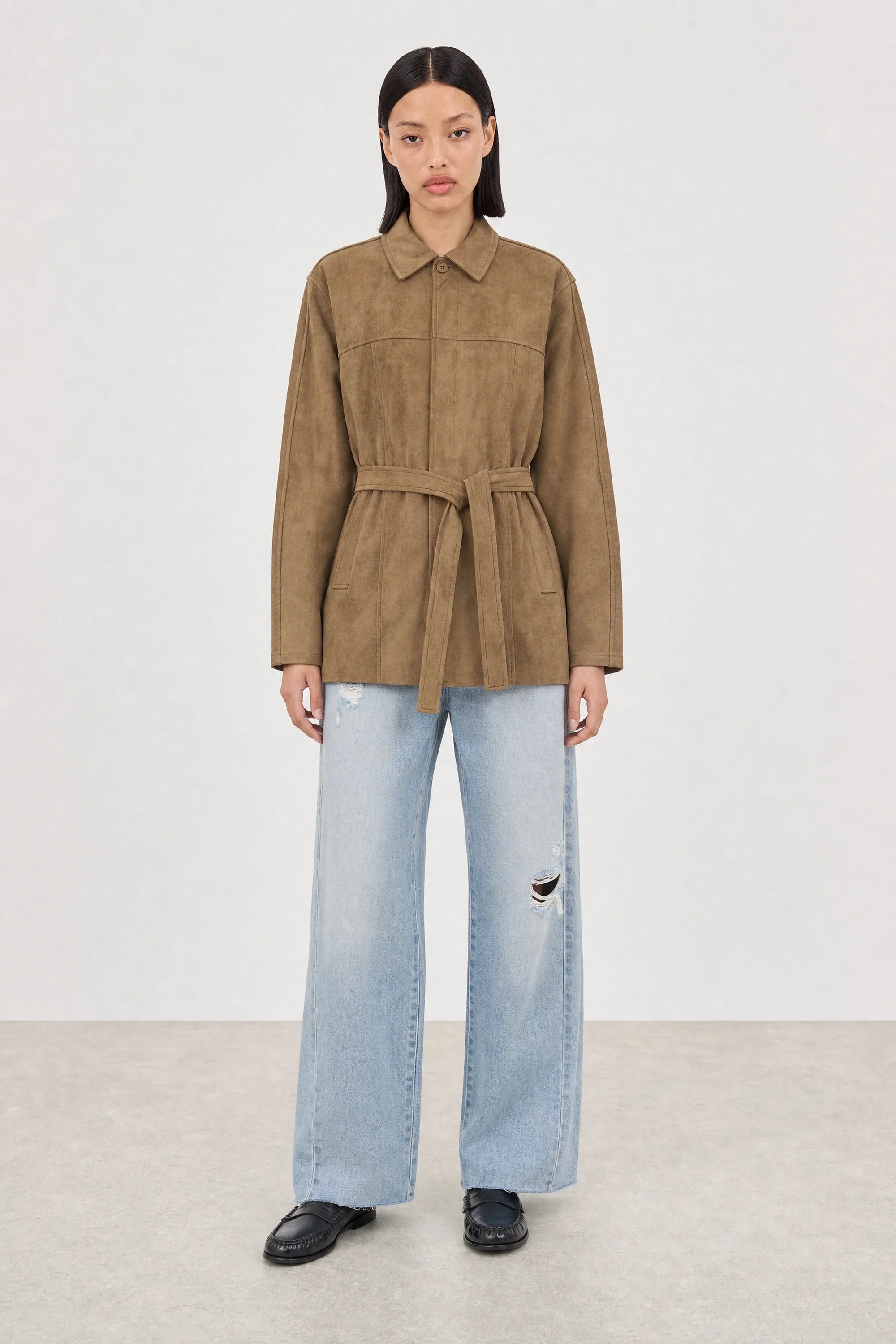 Caramel vegan suede belted jacket