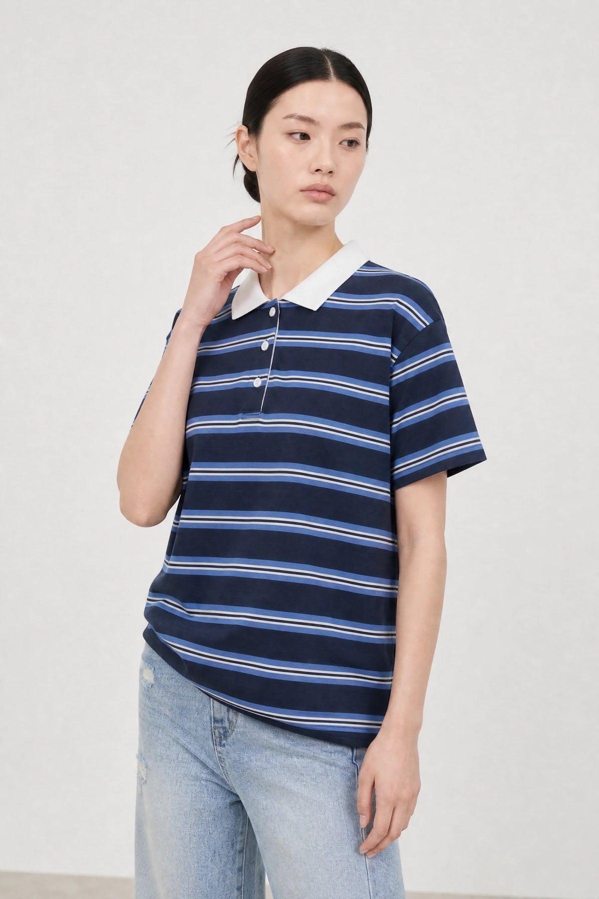 Charcoal and blue striped contrast collar rugby shirt