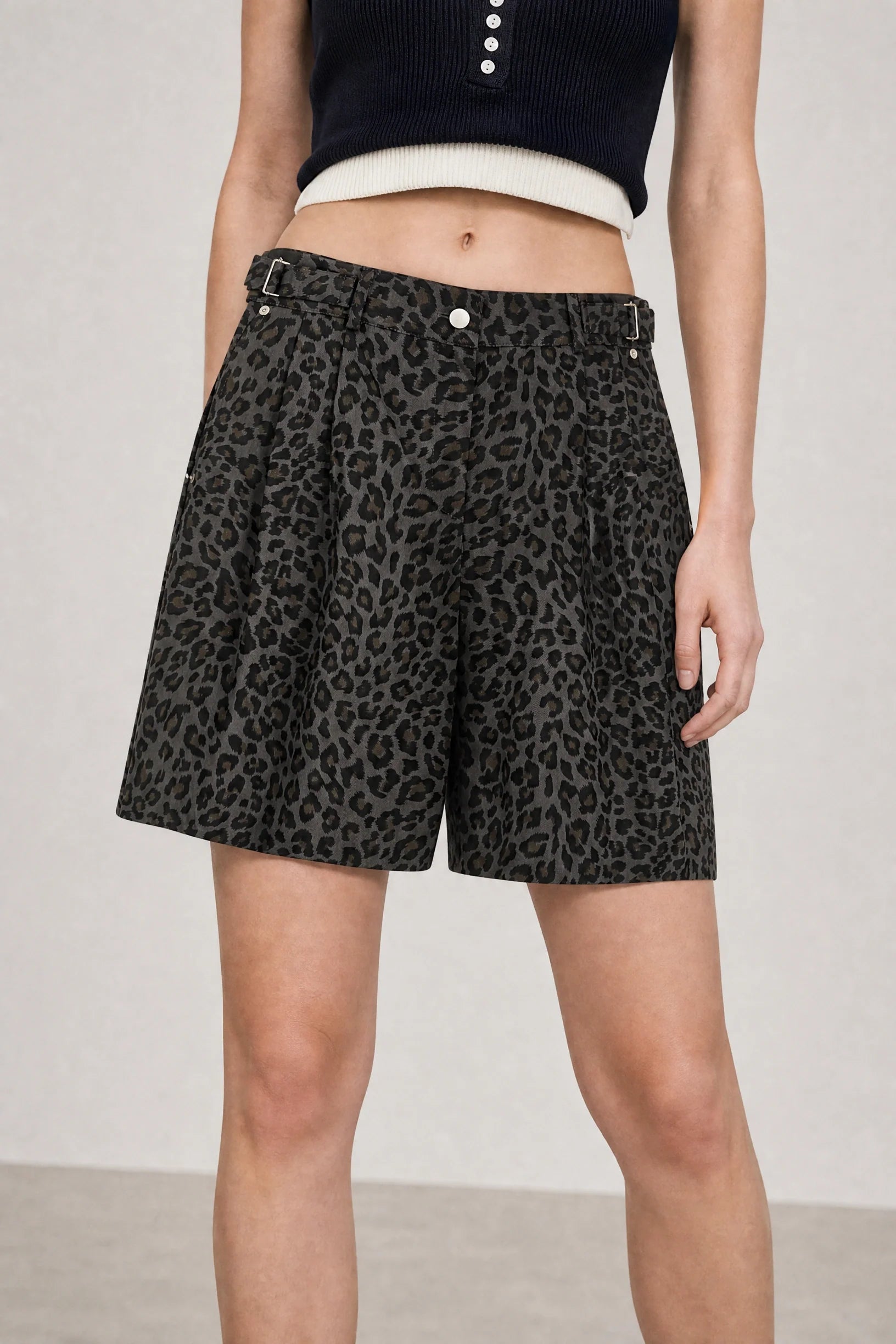Charcoal grey leopard adjustable waist shorts