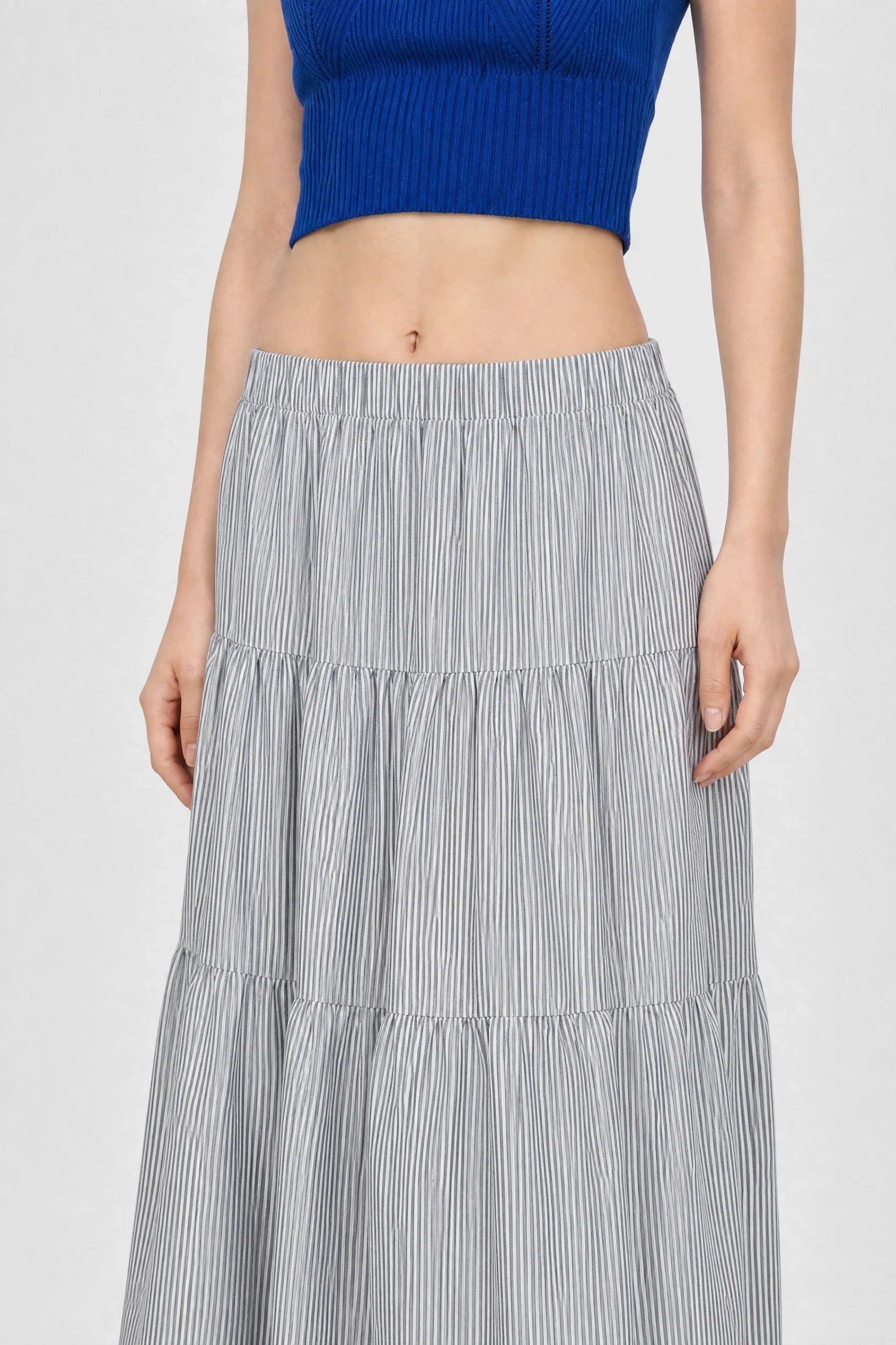 Charcoal grey seersucker tiered midi skirt
