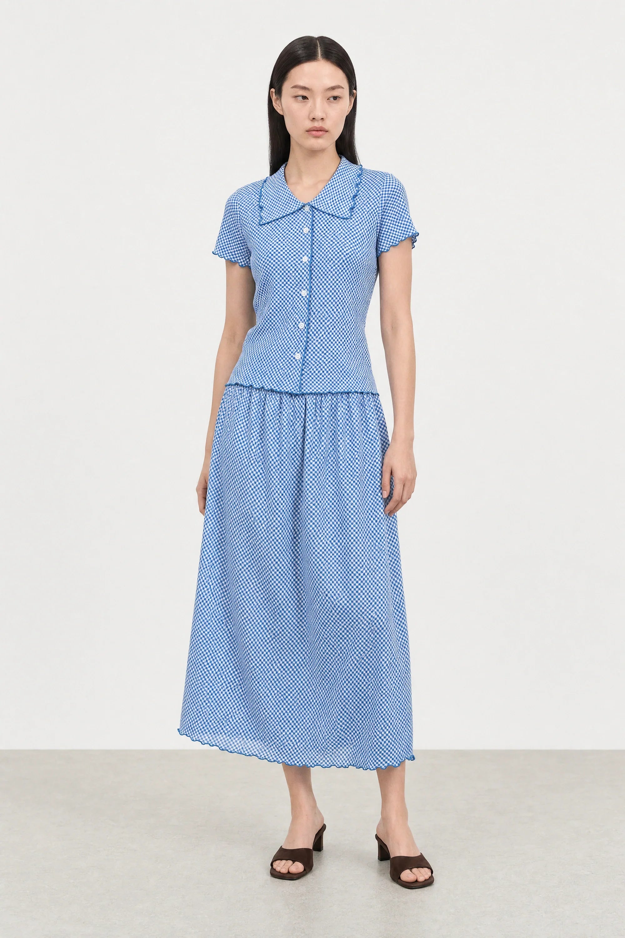 Cobalt blue and white gingham lettuce trim pencil skirt