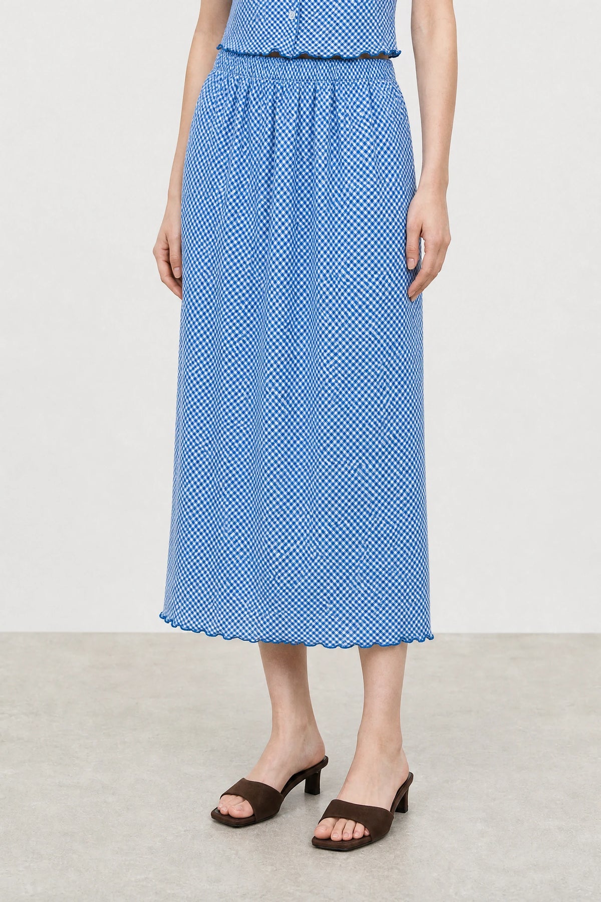 Cobalt blue and white gingham lettuce trim pencil skirt