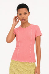 Coral ribbed contrast trim double line tee
