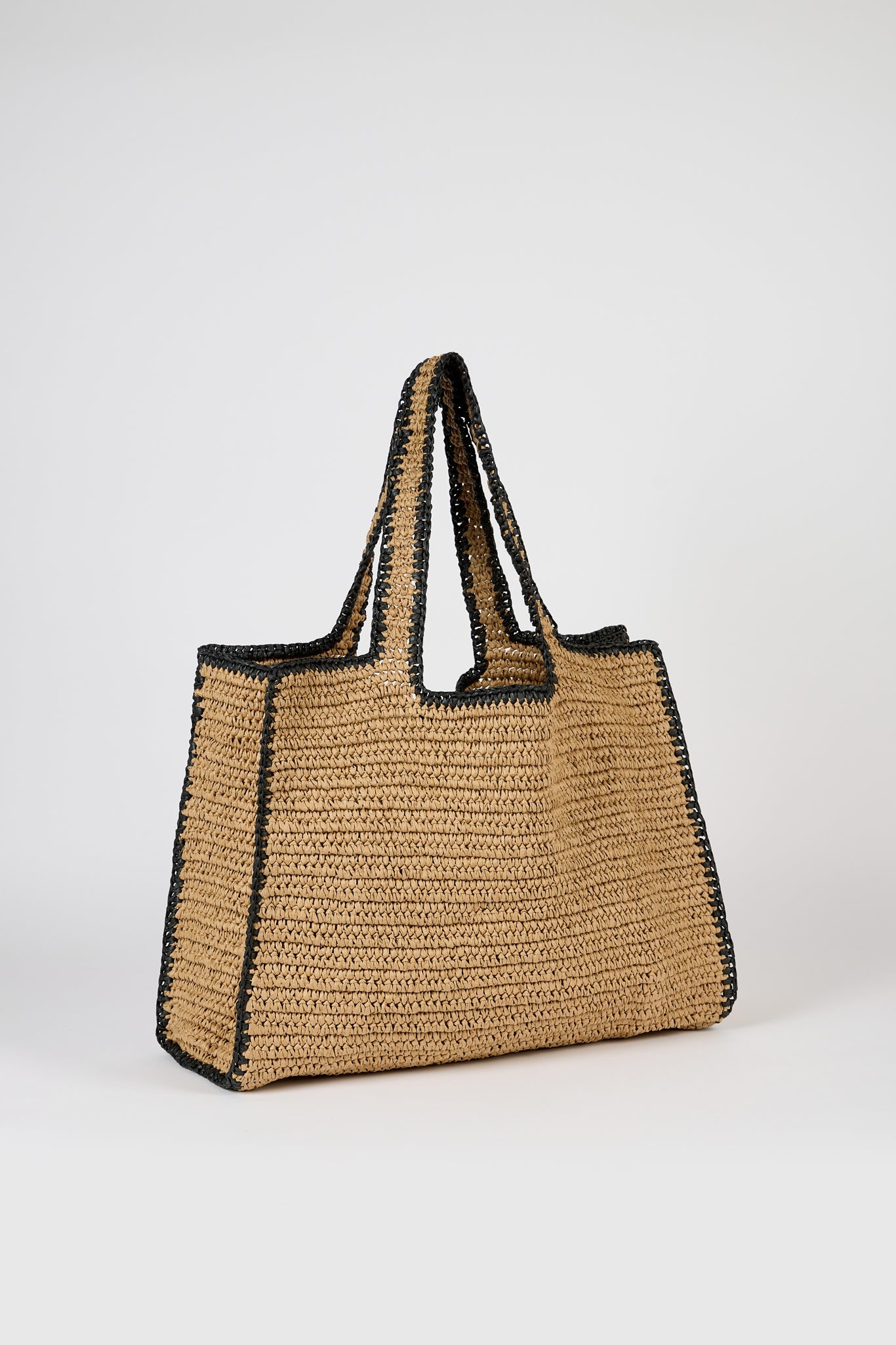 Dark beige black trimmed striped straw tote bag