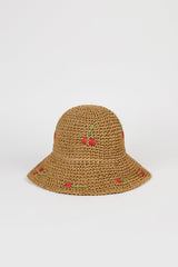 Dark beige woven cherries straw hat