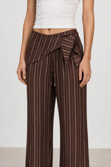 Dark brown and white linen blend striped scarf waist trousers