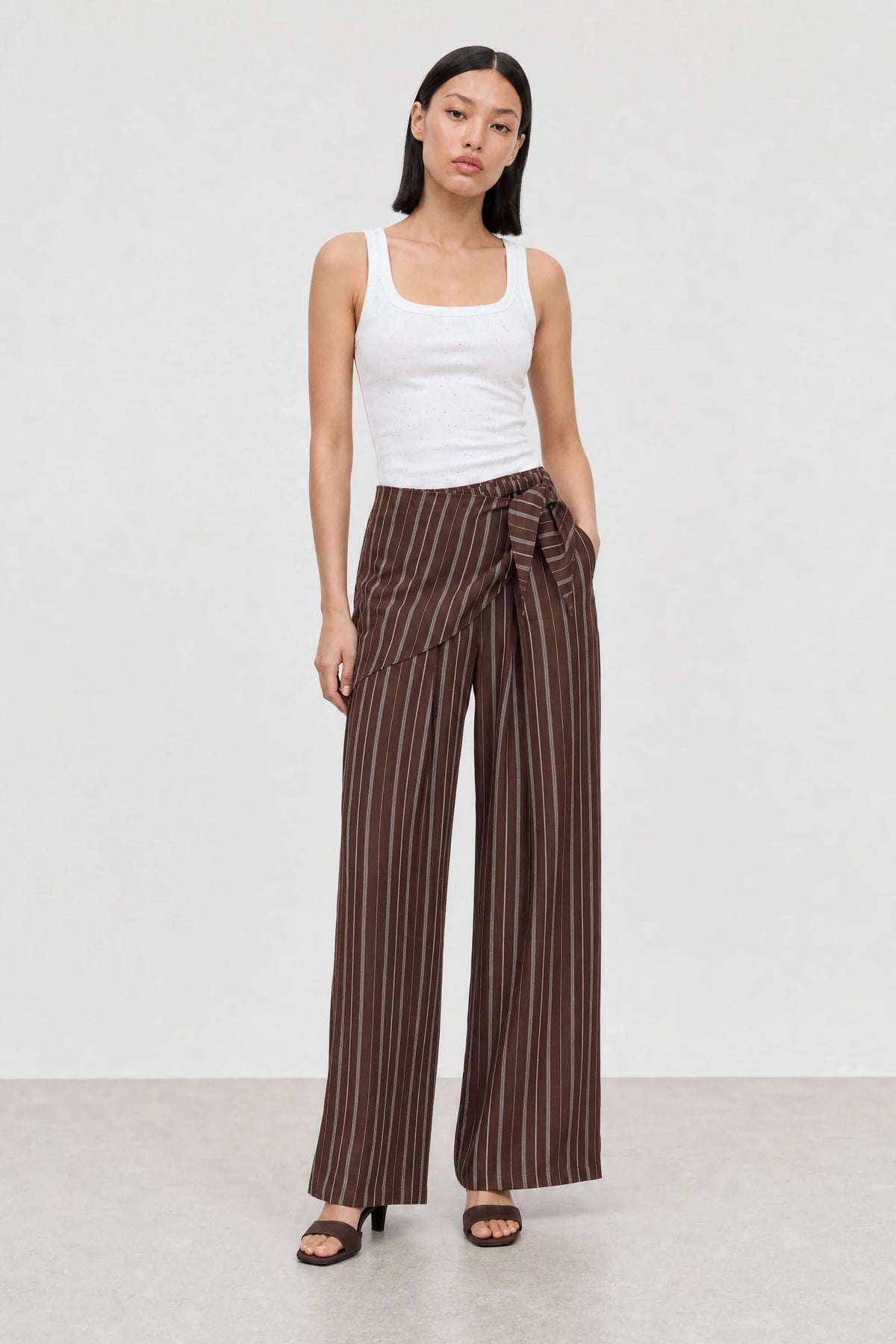 Dark brown and white linen blend striped scarf waist trousers