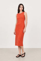 Orange and white polka dot ribbed sleeveless column dress