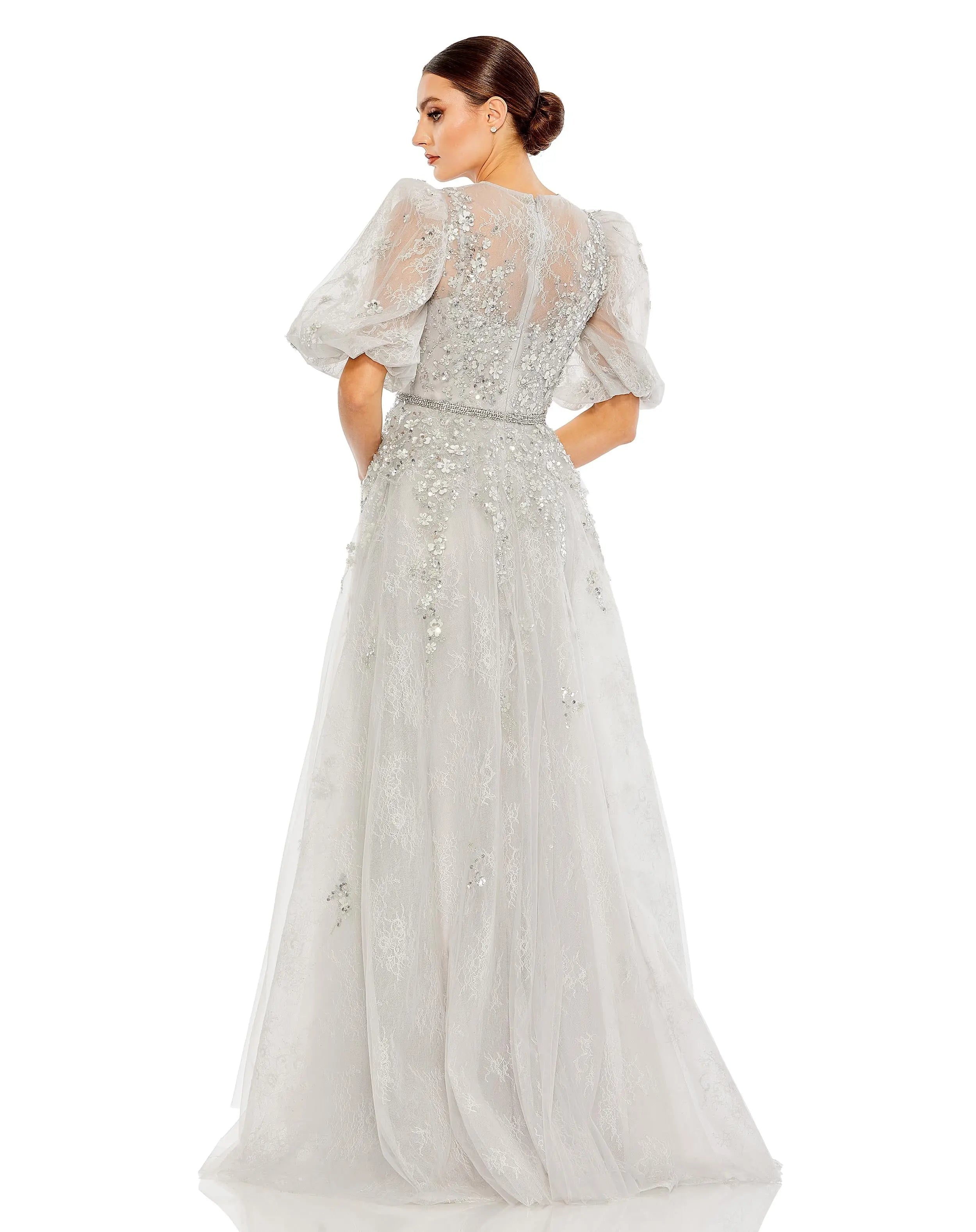 Gray Embellished Puff Sleeve A Line Gown