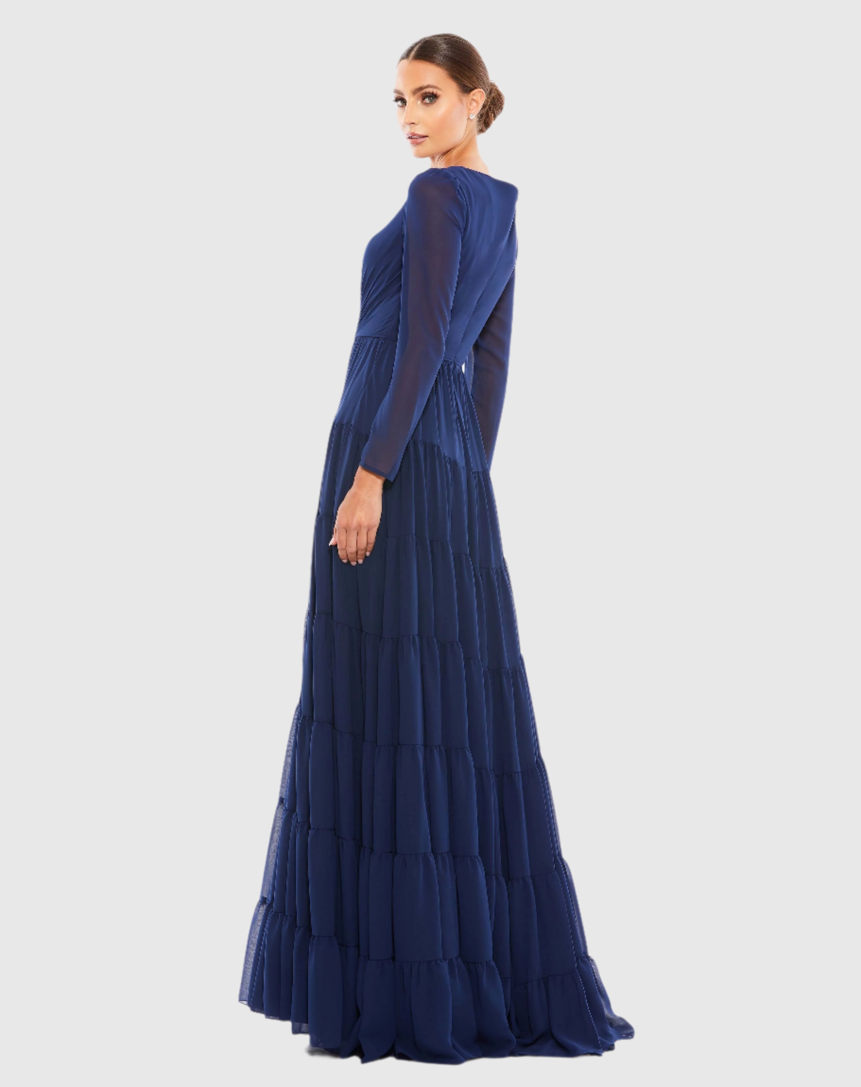 Navy Faux Wrap Illusion Long Sleeve Tiered Gown