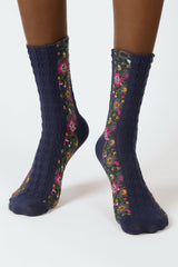 Navy blue textured floral strip socks