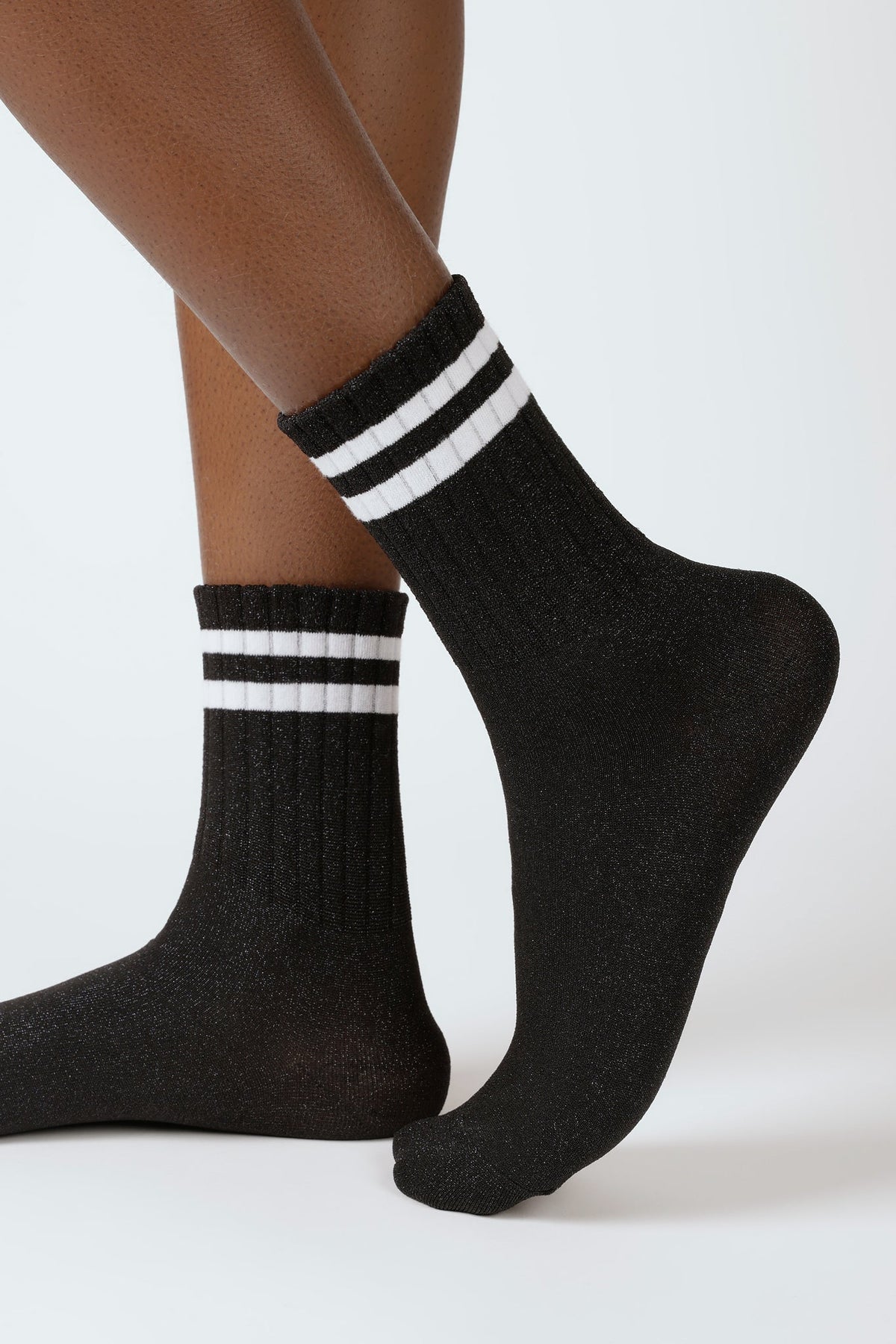 Black metallic white varsity stripe socks