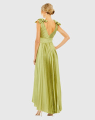 Green Ruffle Top Sleeveless V Neck Pleated Gown
