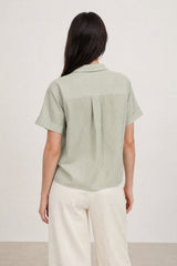 Green and white seersucker striped shirt