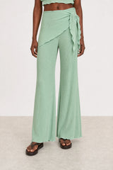 Green blue ribbed flare trousers