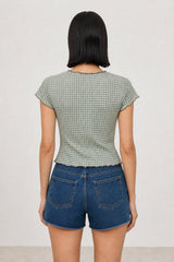 Green multicolour box check semi sheer high neck tee