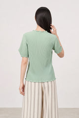 Green ribbed mock neck blouson sleeve top