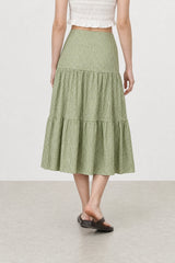 Green tiny gingham checked tiered skirt