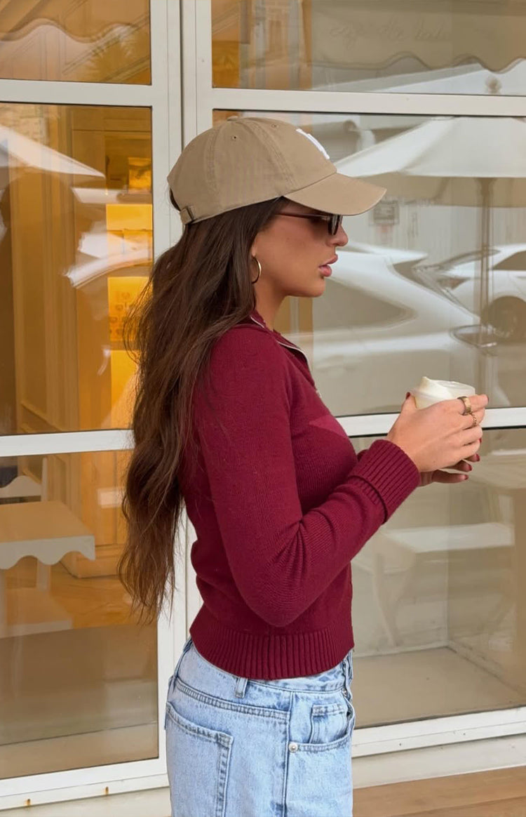 Groove Burgundy Star Zip Up Knit Sweater