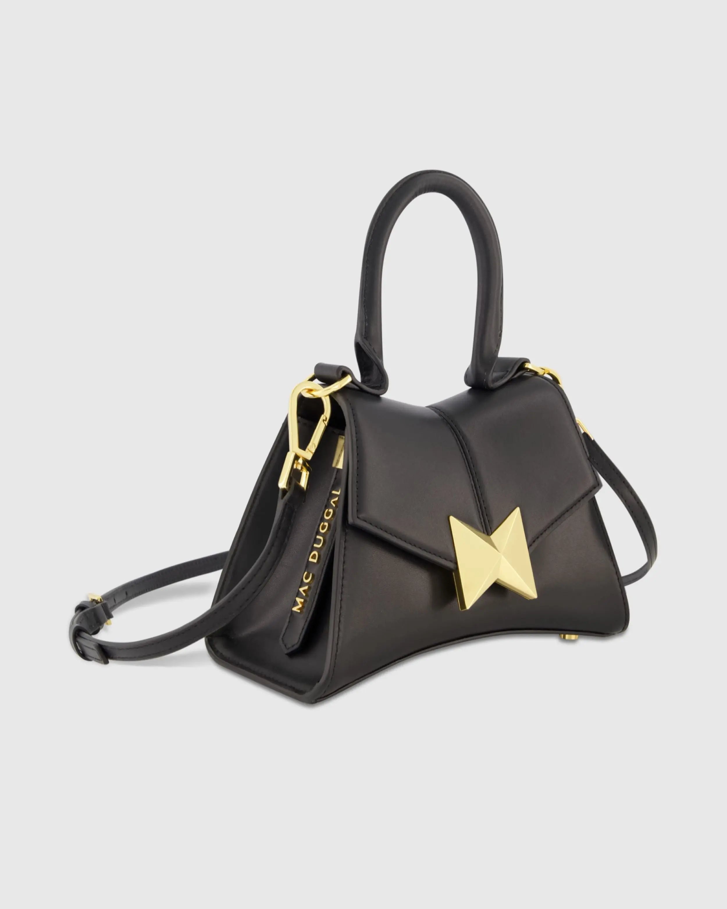 Black Angular Mini Leather Handbag With Gold Hardware