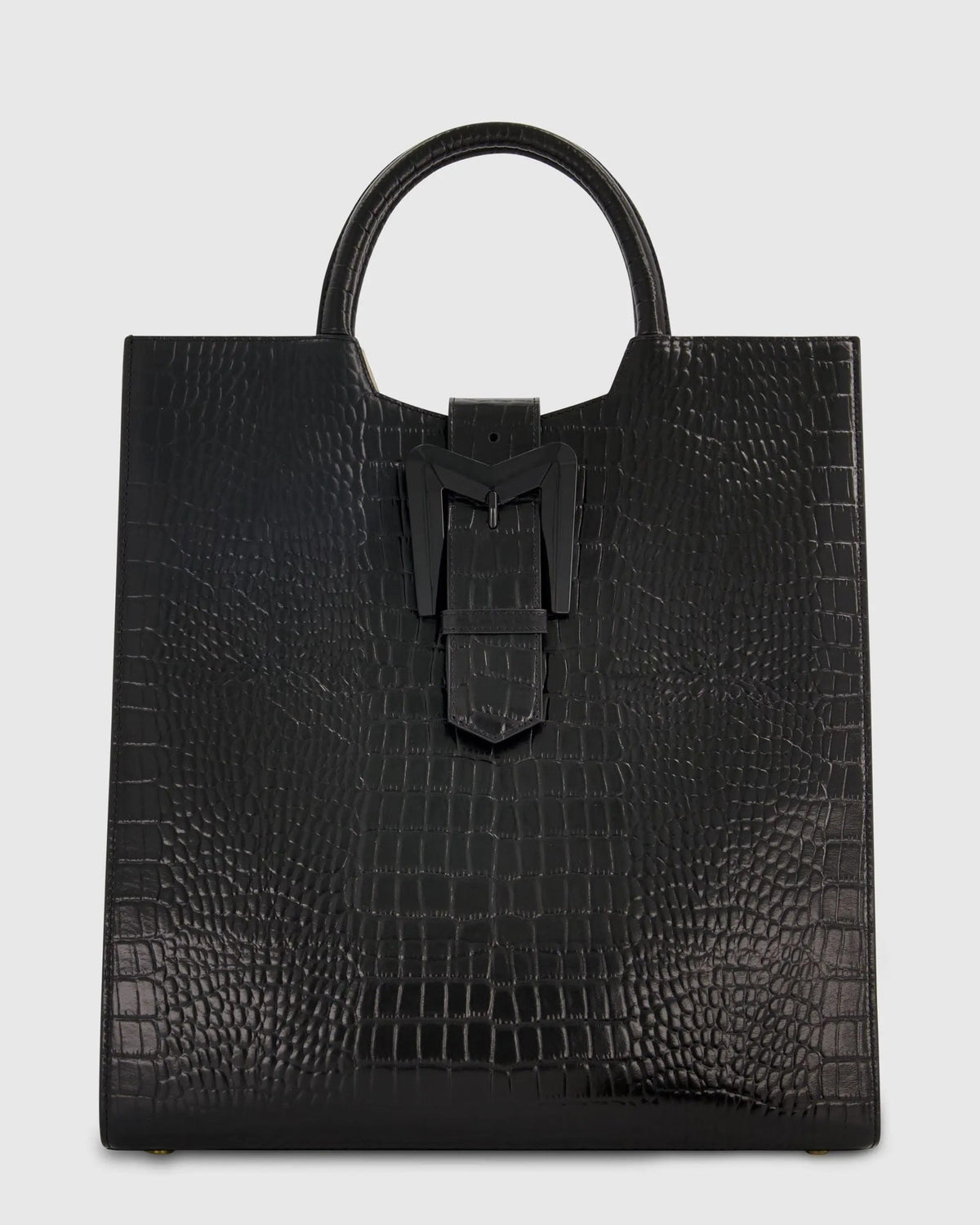 Black Buckled Maxi Croco Leather Tote Bag