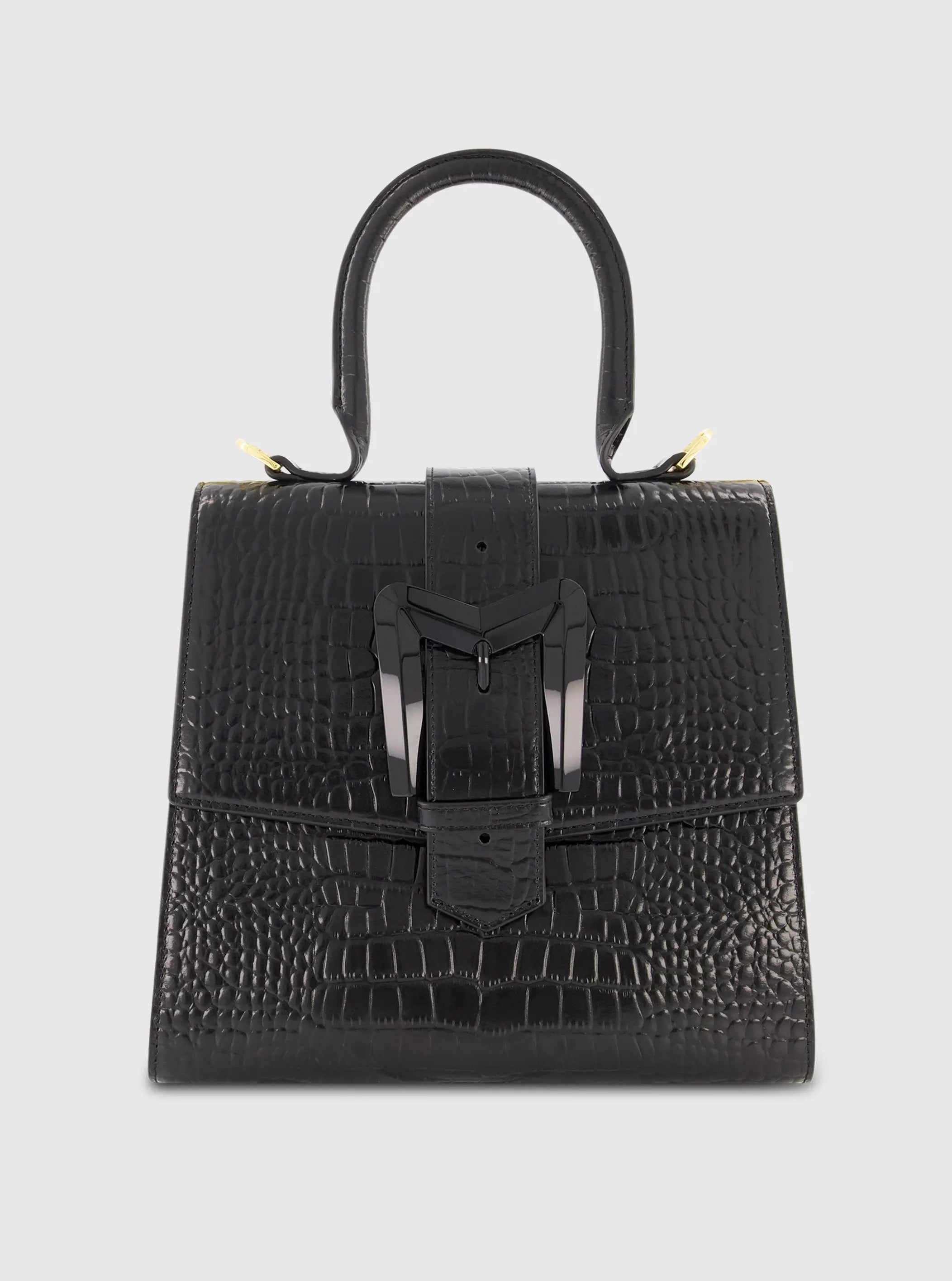 Buckled Medium Croco Leather Handbag with Detachable Strap