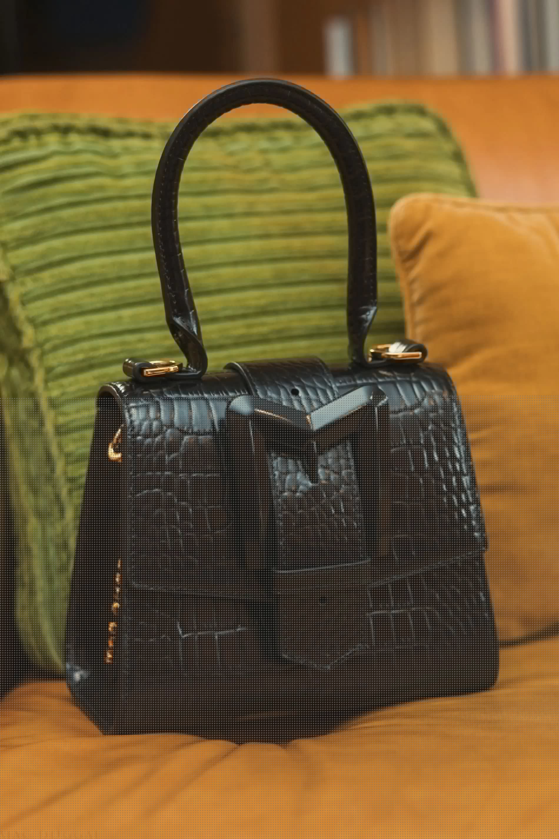 Black Buckled Mini Croco Leather Handbag with Detachable Strap