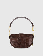 Brown Crocodile Leather Saddle Bag With Gold Hardware