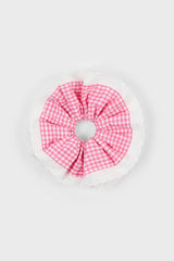 Hot pink gingham white eyelet trim scrunchie