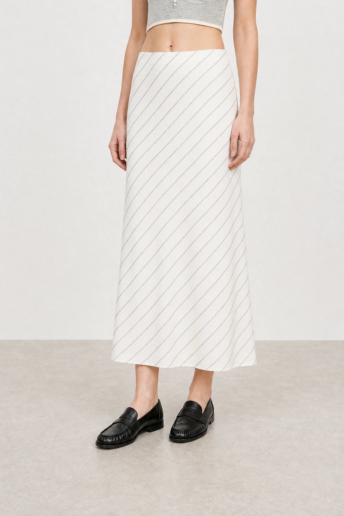 Ivory and black diagonal striped bias cut maxi skirt