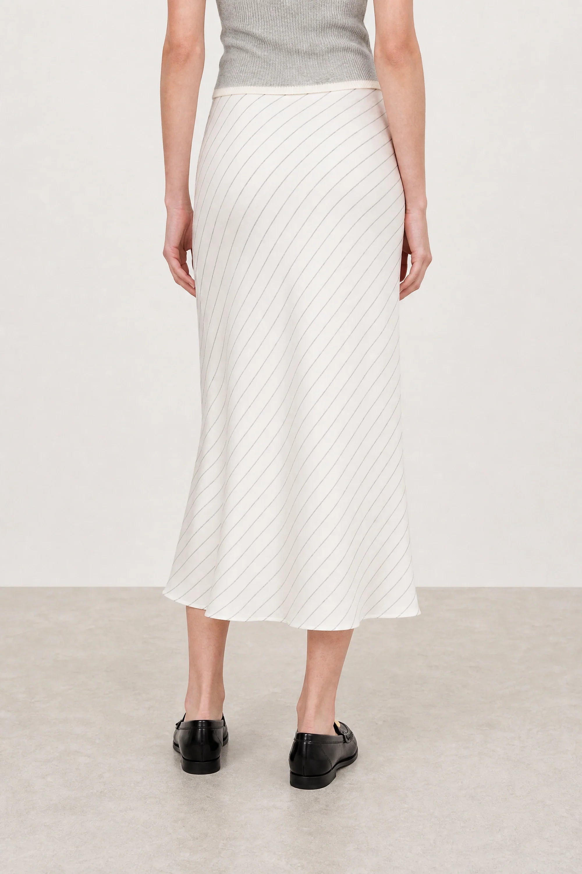 Ivory and black diagonal striped bias cut maxi skirt