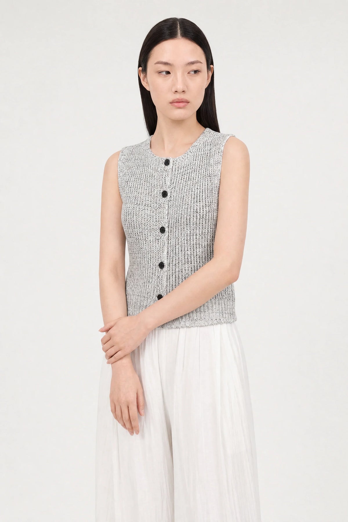 Ivory and black mix knit button front knit top