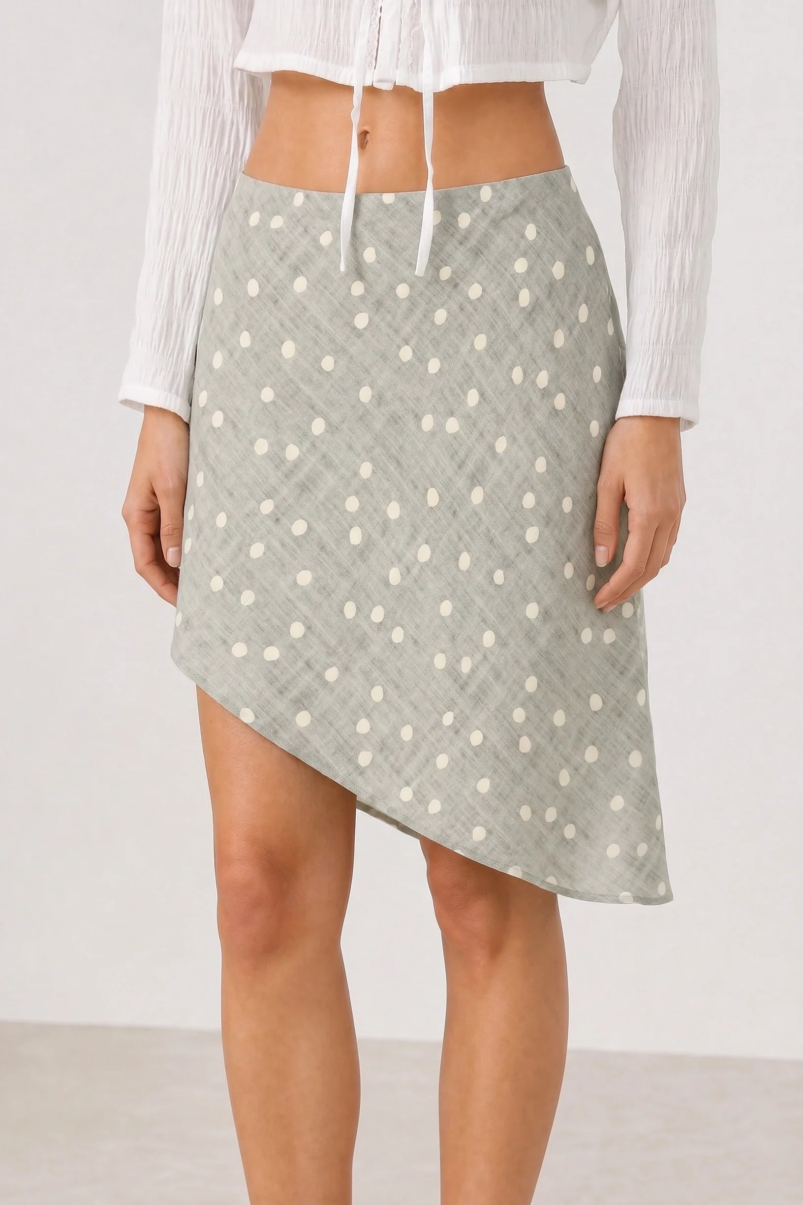 Ivory and grey polka dot diagonal hem skirt