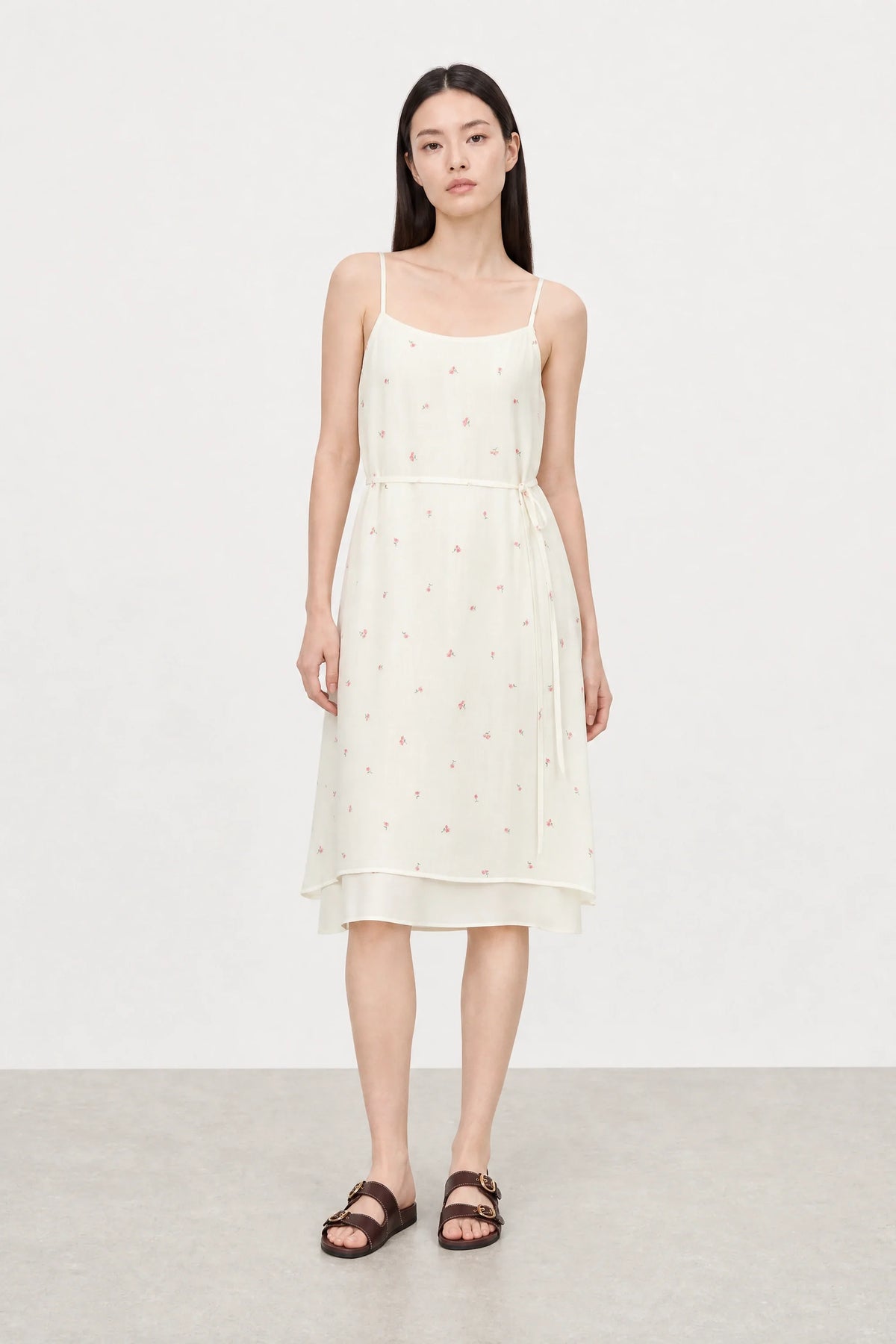 Ivory and pink floral print sheer layered dress