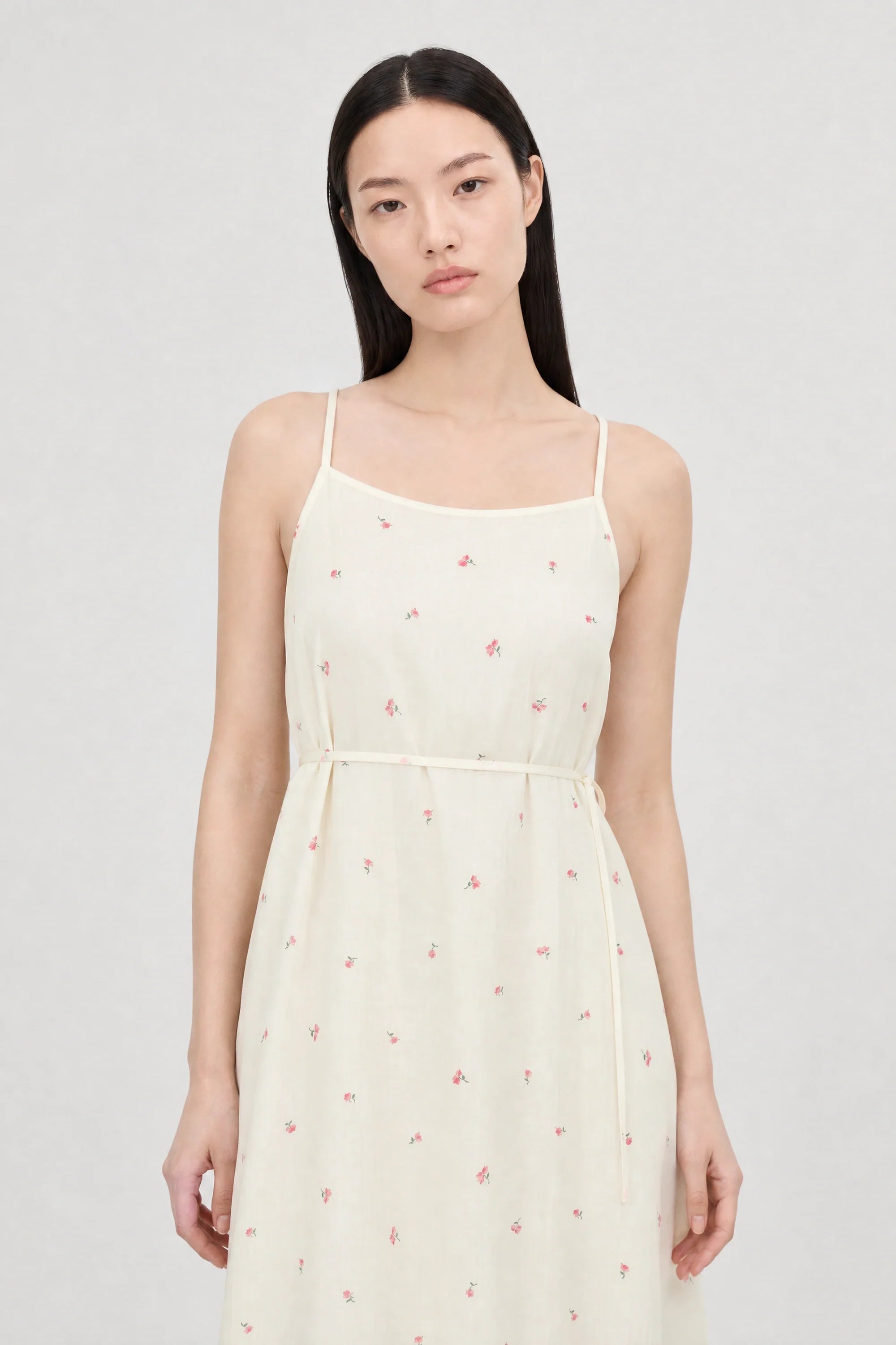 Ivory and pink floral print sheer layered dress