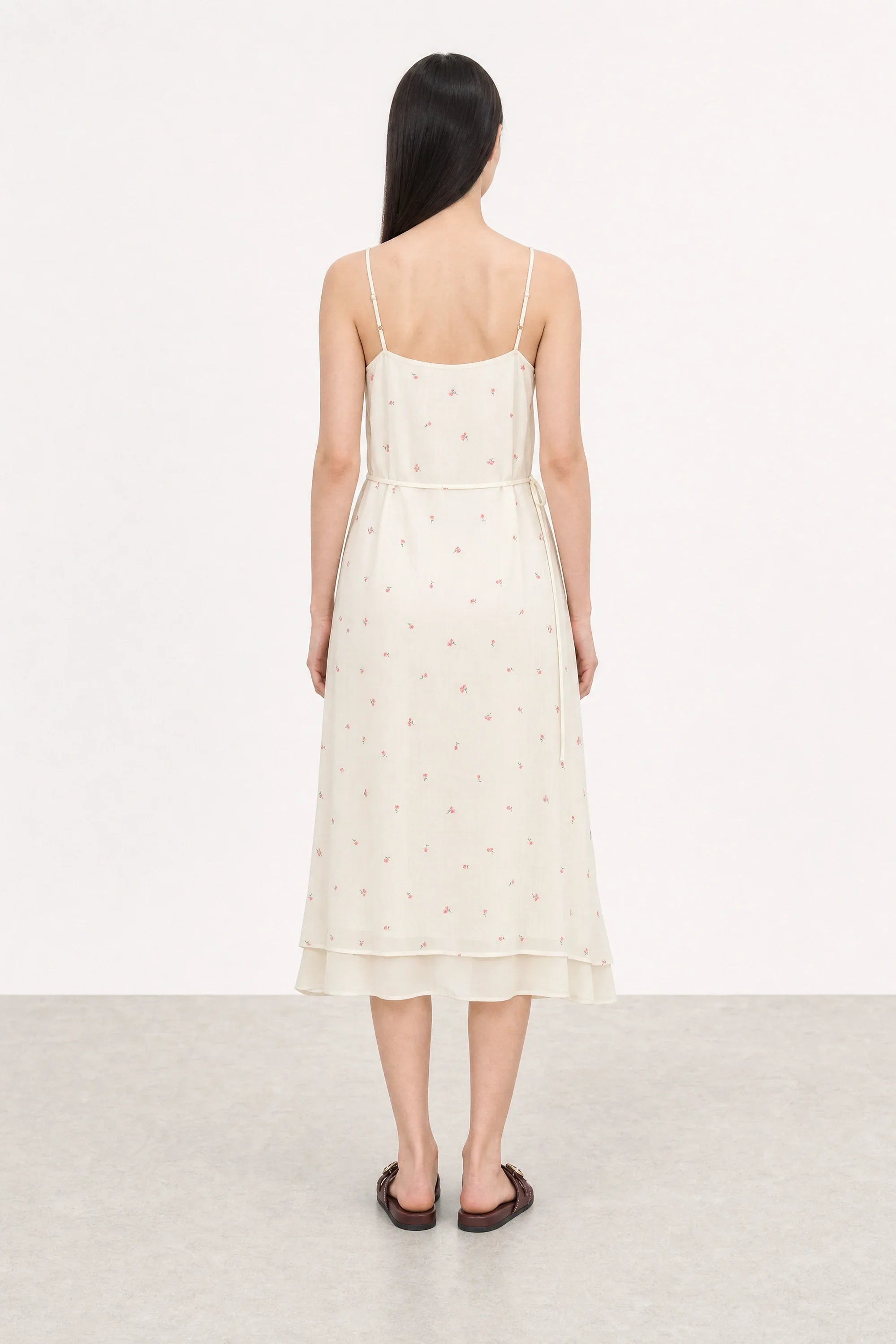 Ivory and pink floral print sheer layered dress