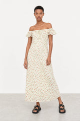 Ivory floral print frill straps silky dress