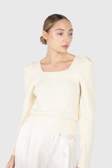Ivory puff sleeved square neck knit top